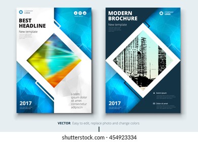 Blue Book Cover Design. Corporate Business Template For Brochure, Report, Catalog, Magazine. Layout With Modern Square Photo And Abstract Triangle Background. Creative Poster, Flyer Or Banner Concept