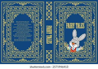 Blue book cover with golden vintage frames and cute bunny holding decorated egg, perfect for children's stories