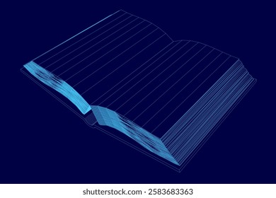 A blue book with a cover and pages. The book is open to a page with a blue background