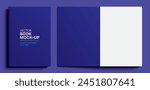 Blue book cover and title page realistic vector mockup. Closed and opened book on blue background.