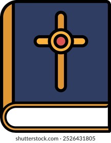 A blue book with a cross on it. The cross is red and yellow. The book is open to the first page