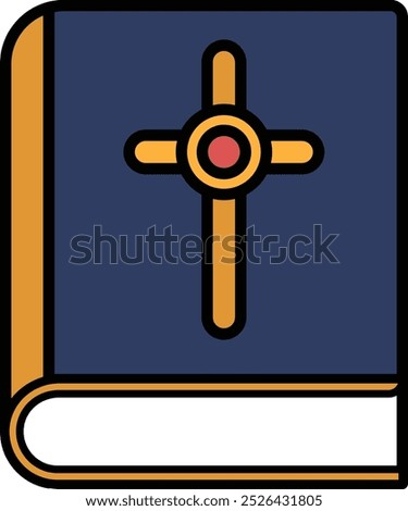 A blue book with a cross on it. The cross is red and yellow. The book is open to the first page