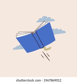 Blue book flying in the clouds. Read more books concept. Hand drawn educational Vector illustration. Cartoon modern style. Poster or print template