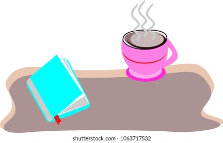 Blue book and glass of hot pink coffee laid on the floor, reading, relaxed, comfortable, Vector cartoon illustrations For teaching  and learning  school  children education. 