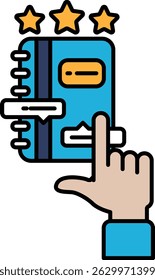 A blue book with a hand pointing to it. The book has three stars on it. The hand is pointing to the book, indicating that it is important or worth reading
