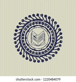 Blue book icon inside rubber stamp with grunge texture