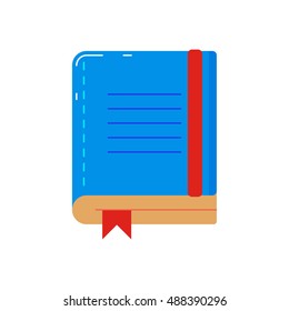Blue book isolated on white background with highlights and reflex. Notebook illustration in modern design. Textbook Design. Red ribbon. Pages. Knowledge. Education. Institution. School. University.Eps