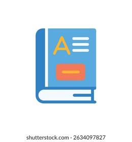 Blue book with letter A and equal sign graphic