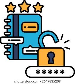 A blue book with a lock on it and three stars. The lock is open and the stars are in the background