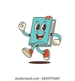 Mascote do livro azul feliz correndo com movimentos energéticos e uma expressão alegre, simbolizando entusiasmo para a aprendizagem, educação e conhecimento em um estilo divertido e brincalhão. Ilustração vetorial