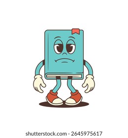 Blue book mascot standing with a sad and downcast expression, drooped hands showing disappointment and frustration, symbolizing challenges in learning and emotions. Vector illustration