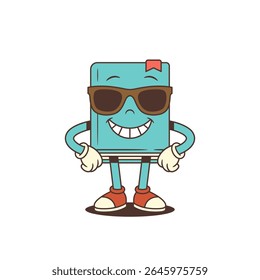 Blue book mascot wearing red sunglasses confidently stands with hands on hips and a wide smile. Ideal for educational, reading and fun projects needing cool and playful character. Vector illustration