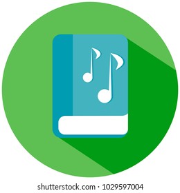 A blue book with musical notes in a green circle isolated on white background. Vector icon.