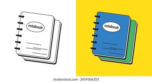 blue book notebook of books, children's coloring book. Coloring book with cute cartoon book pictures. Vector illustration with colored background.