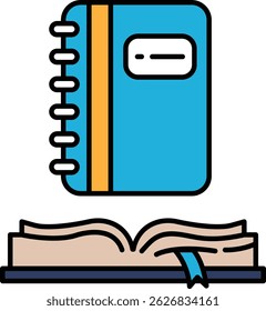 A blue book with orange stripes is open to a page with a blue and orange bookmark