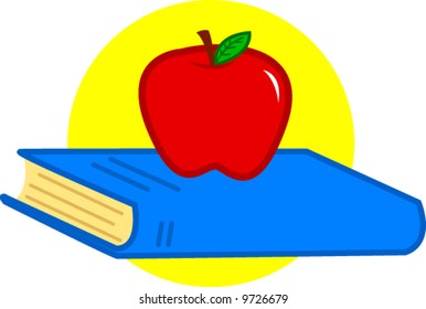 blue book and red apple against a yellow background vector illustration