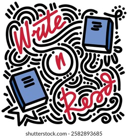 Blue book and red handwrite with black doodle. Simple illustration. Hand drawn doodle for sticker, postcard, wallpaper, mural, fabric, prints, wall decor, clothing, etc