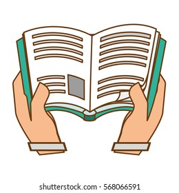 Blue book in the skin color hands icon, vector illustration
