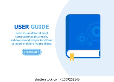 The blue book USER GUIDE is depicted on a white background, and the text is on the left.