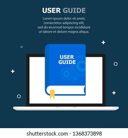 The blue book USER GUIDE is depicted on the computer screen. Dark blue background, white small objects. The text is written from above.