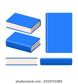 un libro azul en varios puntos de vista, vista lateral, superior, frontal, posterior e inferior, aislado en fondo blanco, ilustración vectorial, diferentes ángulos