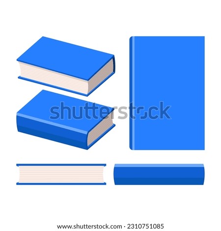 a blue book in various viewpoints, side, top, front, back and bottom view, isolated on white back ground, vector ilustration, different angles