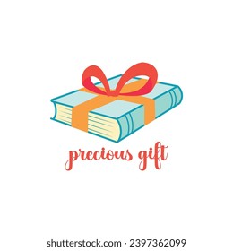 Blue book wrapped in brightly colored holiday ribbon, on a white background in flat style. Vector illustration on the theme of book-giving day