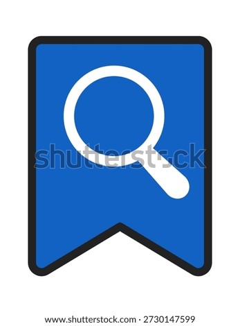 A blue bookmark icon featuring a magnifying glass symbol, representing search or research concepts.