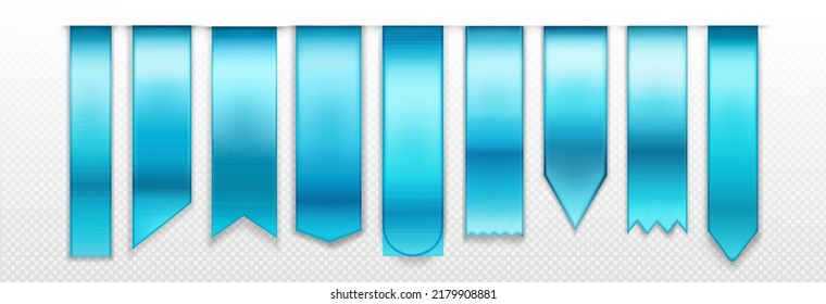 Blue bookmarks, ribbon, banner 3d mockup, blank book marks with rounded, pointed and straight edges. Vertical silk canvas, tags template, Realistic 3d vector icons isolated on transparent background