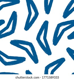 Blue boomerangs isolated on white background. Monochrome seamless pattern. Hand drawn vector flat graphic illustration. Texture.
