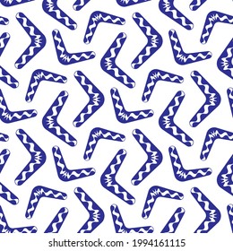 Blue boomerangs isolated on white background. Cute monochrome seamless pattern. Vector simple flat graphic illustration. Texture.