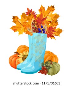 Blue boots full with autumn leaves Vector. Fall concepts