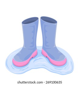 Blue boots in water on white background, illustration.