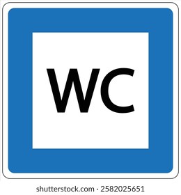 Blue bordered sign indicating restroom facilities.