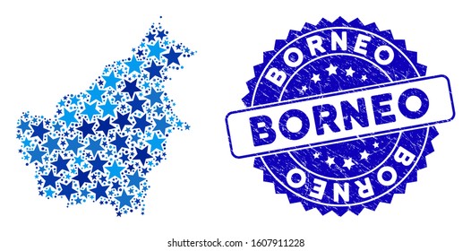 Blue Borneo Island map collage of stars, and distress rounded stamp seal. Abstract geographic scheme in blue color hues. Vector Borneo Island map is shaped of blue stars.