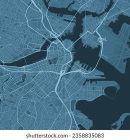 Blue Boston map, United States, detailed municipality map, skyline panorama. Decorative graphic tourist map of Boston territory. Royalty free vector illustration.