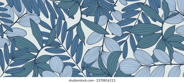 Blue botanical background with various branches and leaves. Background for decoration, wallpaper, covers and presentations, postcard design.