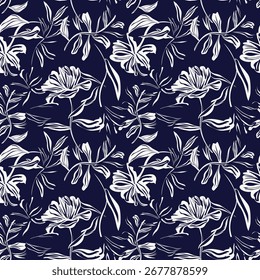 Diseño de patrón transparente floral botánico azul para textiles de moda, gráficos, fondos y artesanías