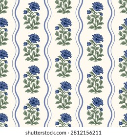 Blue Botanical Floral Seamless Pattern with Wavy Stripe Border Inspired by Traditional Indian Block Print