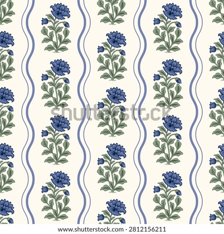 Blue Botanical Floral Seamless Pattern with Wavy Stripe Border Inspired by Traditional Indian Block Print
