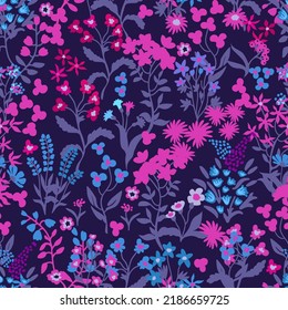 Blue botanical pattern with small violet flowers.