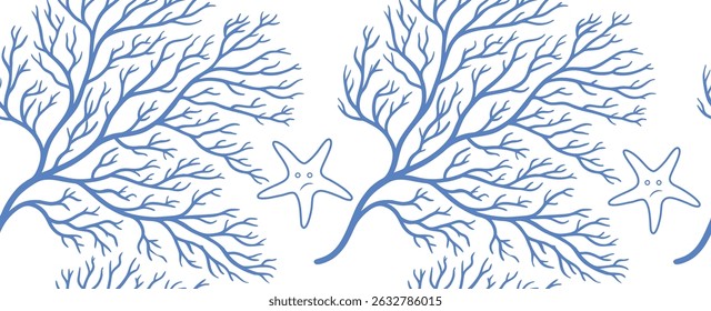 Blue botanical seamless pattern featuring delicate leaf branches on a white background, perfect for textile design, nature-inspired wrapping paper, digital prints, and modern wallpapers.