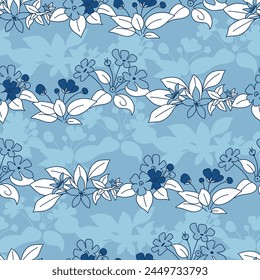 Blue Botanics Leaves Horizontal Stripes Vector Seamless Pattern