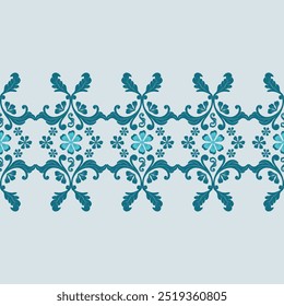 Blue Botany Flowers Garden  Leaves and Petals Scroll Ornament on Pale Blue Background. Seamless Pattern Vector for Luxury Design.