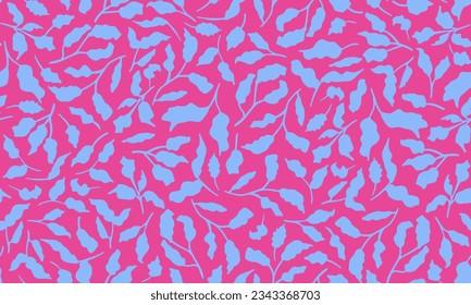 Blue botany seamless repeat pattern. Random placed, vector leaves all over surface print on pink background.