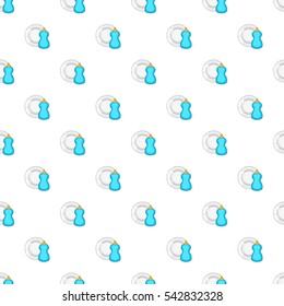Blue bottle of dish soap and clean plate pattern. Cartoon illustration of blue bottle of dish soap and clean plate vector pattern for web