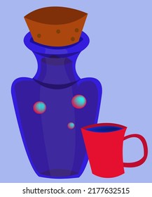 A blue bottle with exotic and strange beverage and a red cup with blue liquid. This illustration can be used as an advertising concept for bars, cafes and saloons. Vector illustration, isolated.