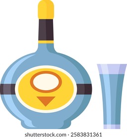 Blue bottle featuring a vibrant yellow label sits alongside a full glass of strong, traditional Mexican tequila, perfect for sipping neat or mixing into a festive cocktail