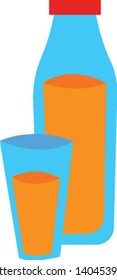 A blue bottle filled with orange juice with a red cap next to a glass filled with orange juice, vector, color drawing or illustration. 
