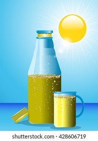 Blue Bottle and Glass with Sparkling Yellow Drink Over Blue Sky with Sun